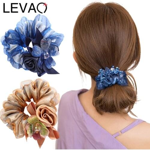 LEVAO Retro Women Flowers Hair Scrunchies Net Yarn Hair Ring Rope Rubber Band Hair Ponytail Accessories High Elastic Hair Circle