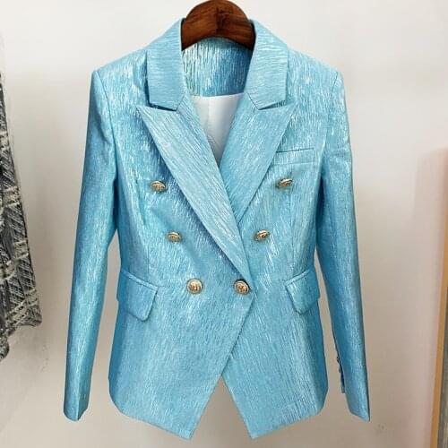 Double-breasted Blazer Women 2021 New Suit Metal Button Shiny Silver Silk Slim Elegant Fashion Blue Classic Blazer Jacket Spring