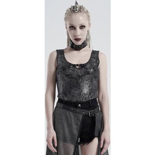 PUNKRAVE Womens Punk Sleeveless Daily Vest Sexy Hollow-out Corrugation Printing Knitted Casual Sling Tnk Tops