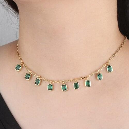 Funmode Green Cubic Zirconia Geometric Chain Necklace For Women Gifts Gold Color Chain Wholesale FN12