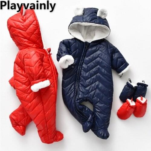 2021 Korean Style Winter Boys Girls Romper Dark Blue Red Hooded Long Sleeves Oblique Zipper Thick Jumpsuit Newborn Clothes E823