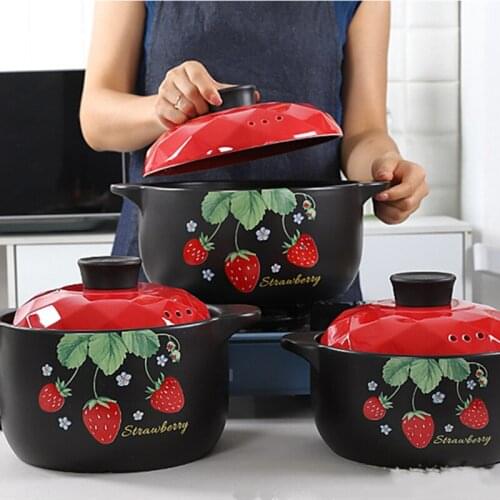 1Pcs Ceramic Casserole Cooking Soup Pot Red Strawberry Round Kitchenware Saucepan Gas Stove Cookware Household Kitchen Supplies