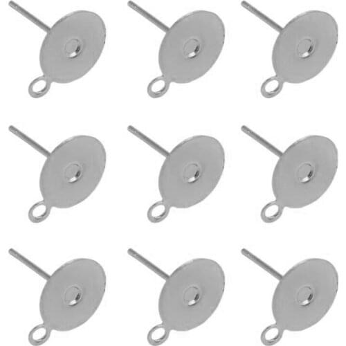100pcs/lot Stainless Steel Blank Post Earring Studs Pins with Loop Hang 6mm 8mm Flat Round Tray Base Ear Jewelry Findings DIY