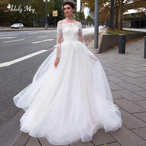 Adoly Mey Romantic Boat Neck Long Sleeve A-Line Wedding Dress 2020 Luxury Beaded Sashes Appliques Court Train Vintage Bride Gown
