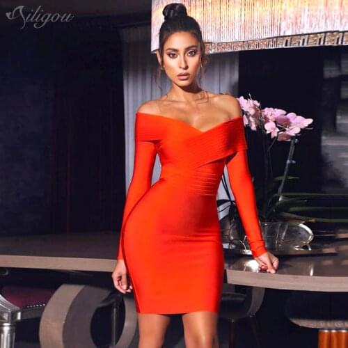Ailigou 2021 New Summer Ladies Orange Bandage Dress Sexy V-neck Long Sleeve Bodycon Club Mini Hot Celebrity Party Dress