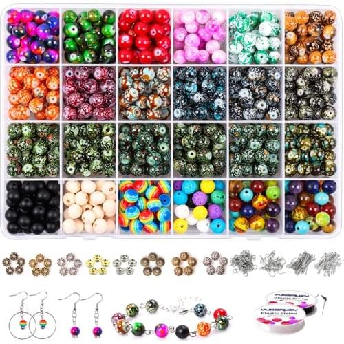 8mm Round Acrylic Glass Gemstone Decorative Pattern Bead Kit with Wood Chakra Lava Bead Spacer for DIY Jewelry Making