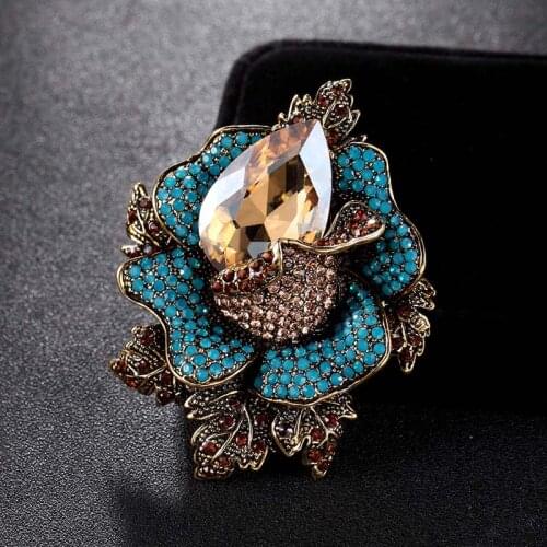 Luxury Brand blue opal with brown rhinestone flower brooch for wedding bridal jewelry Fashion Womens Vintage Hijab Accessory