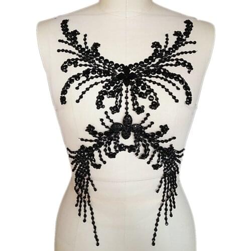 BLACK Handmade Sumptuous 28x52cm Patches Rhinestones sequins beads Sew on For Dress Delicate Wedding Applique Chest decoration