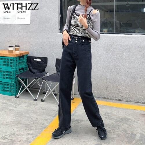 WITHZZ Autumn Winter Womens Retro High Waist Wide Leg Trousers Straight Thin Fleece Asian Size Black Warm Jeans