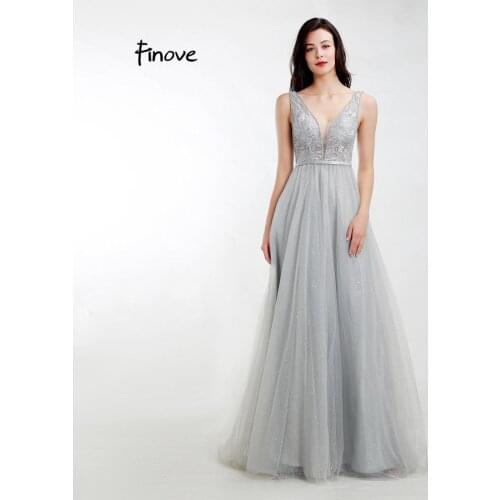 Finove 2020 Elegant A Line Long Evening Dresses Sexy V Neck Illusion Appliques Party Dress Gowns Vestido De Festa