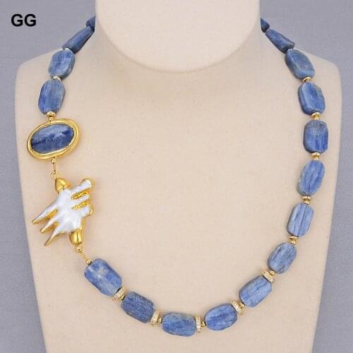 GG Jewelry Natural 21" Natural Blue Kyanites Rectangle Gold Color Plated White Biwa Pearl Choker Necklace Vintage For Women