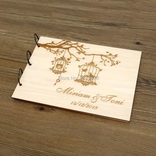 Birdcage Guest Rustic engraved wedding guestbook,Custom wooden Wedding guest book, personalized Script sign in album