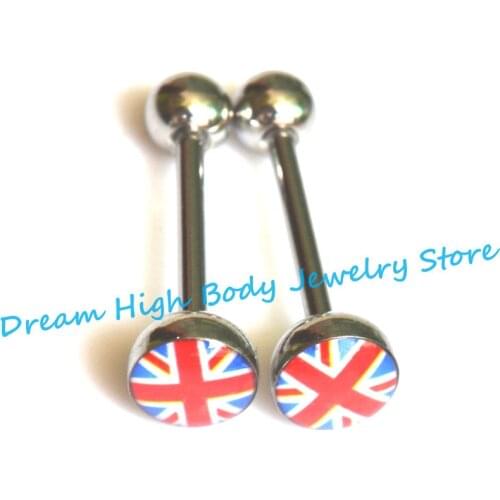 Union Jack tongue bar UK Tongue Piercing Tongue Ring 14G Barbell 316L surgical Steel Motifs Body Jewelry Hot sale Free shipping