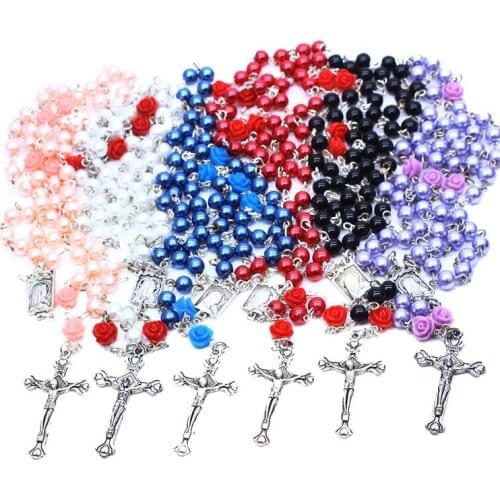 Catholic Jesus Cross Rosary Necklace Long 6mm Imitation Pearl Beads Chain Christian Religious Virgin Mary Pendant Necklaces