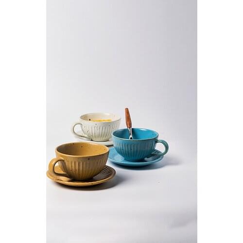 Ceramic coffee mug with saucer large capacity high temperature resistant cereal cup household vertical pattern retro milk cup