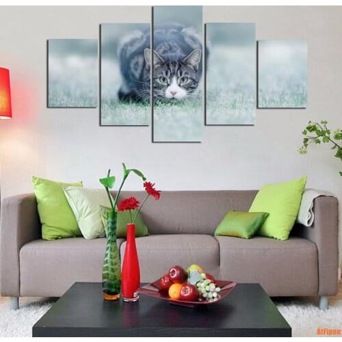 Cat Ready For Hunting HD Prints Poster Home Decor Canvas Paintings 5 Pieces Picture For Living Room Unframed Animal Pet Printing