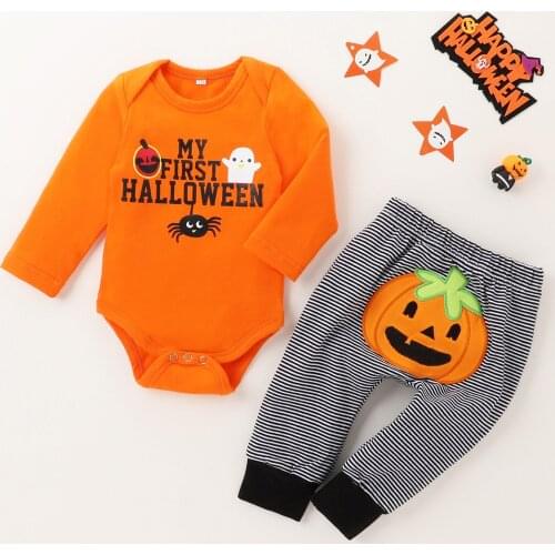 My First Halloween Pumpkin Set Infant Baby Boys Halloween Letter Romper Bodysuit + Pumpkin Stripe Pants Outfits