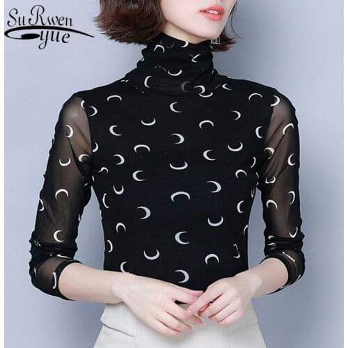 New 2021 Autumn Mesh Long Sleeve Geometric Blouse Women Clothes Turtleneck Print Pullover Shirt Women Tops plus size 7522 50