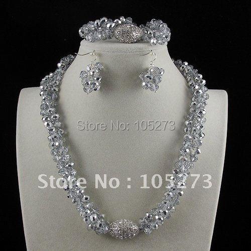 Charming!Nice Silvers Gray Color Crystal Beads Necklace Bracelet Earring Jewelry Set AA 6X8MM Magnet Clasp Wholesale A2655