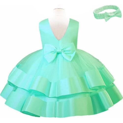 Infant baby girl princess dress full moon baptism dress cute bow mesh dress with headdress baby girl dress flower girl dress