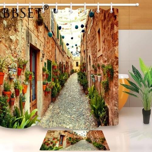 Scenic Shower Curtain Beautiful Street In Western Village Pattern Waterproof Multi-size Douchegordijn Bathroom Decor with Hooks