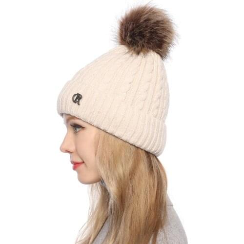 Solid Color Knitted Hat Winter Warm Knitted Beanies For Women Fox Fur Ball Cap Pom Poms New Brand Thick Female Girl Cap