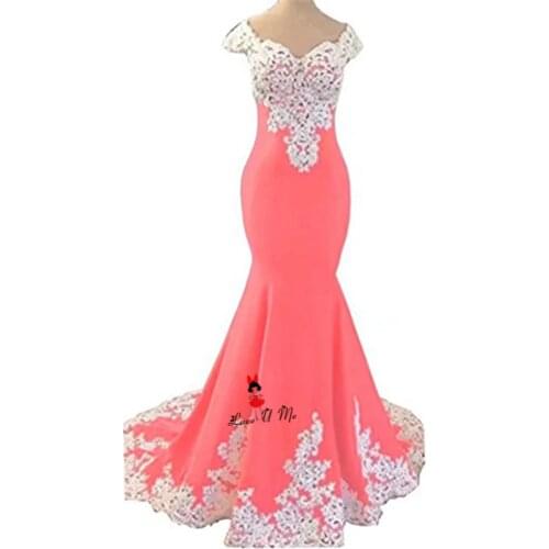 Blue Pink White Lace Mermaid Prom Dresses Long 2018 Cap Sleeve Vestidos de Festa Chiffon Formal Evening Party Gowns Sweep Train