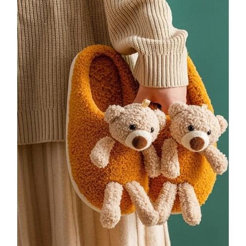 Women Plush Slippers Winter Warm Cartoon Bear Soft Thick Soled Shoes Men Couples Home Indoor Bedroom Slip On Ladies Fur Slides