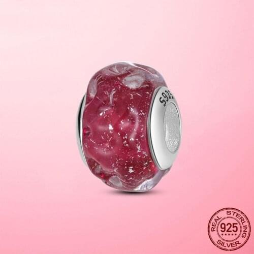 Real 925 Sterling Silver Wavy Fancy Pink Murano Glass Beads Charm Fit Original Pandora Bracelet Bangle Jewelry Gift