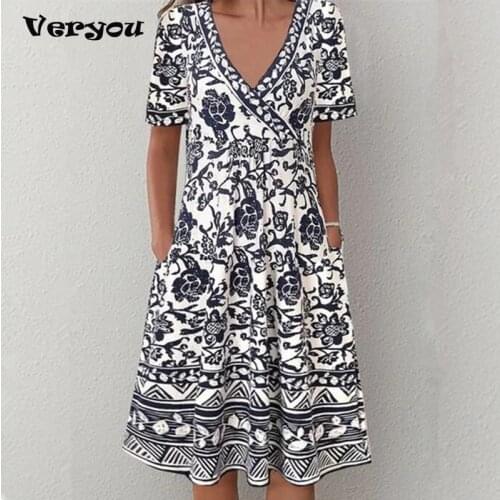 Ethnic Floral Print Vintage Party Dress 2021 Women Sexy V-neck Short Sleeves Dress Spring Summer Pocket Pleated A-Line Dress 5XL