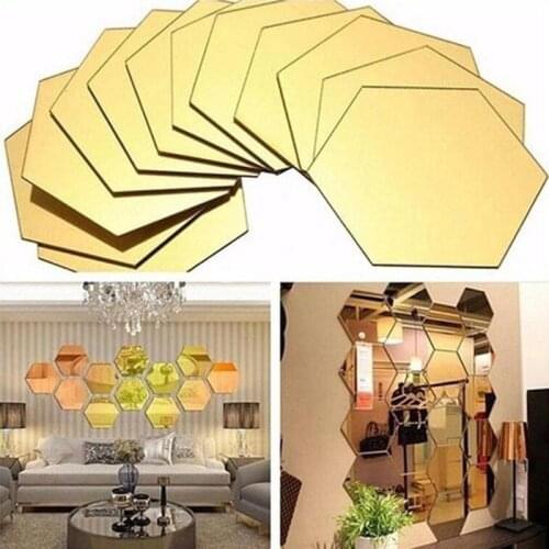 12Pcs 3D Hexagon Acrylic Mirror Wall Stickers DIY Art Wall Decor Stickers Home Decor Living Room Mirrored Decorative Sticker