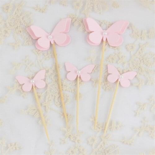 5pcs Butterfly with Pearl Cupcake Toppers Kids Birthday Party Decorations Baby Shower Party Supplies Wedding Cake Toppers