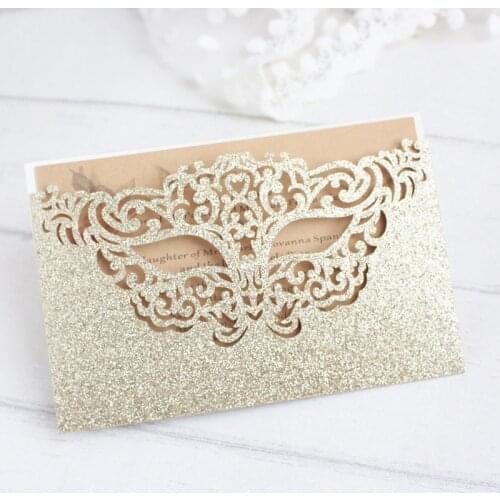 Glittery mask gift card laser cut birthday card pocket party invitation gold silver customized printing 50pcs