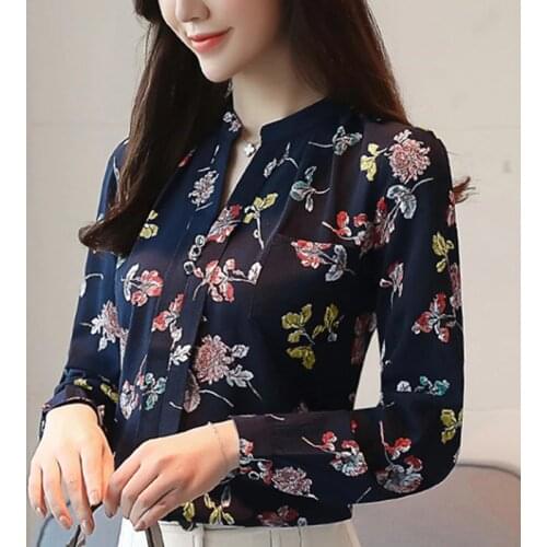 New V-Neck Chiffon Blouses Slim Women Long Sleeve Floral Womens Tops And Blouses Autumn Fashion Office Work Wear Shirts Z0001