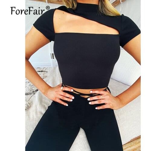 Forefair Half High Neck Hollow out Ribbed Knitted Tank Tops Woman Basic Solid Black White Bodycon Off Shoulder Crop Top Casual