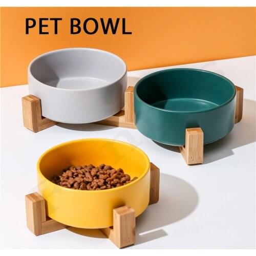 Ceramic Pet Bowl Cat Puppy Protected Cervical Spine Cat Food Bowl With Wood Stand Feeding Supplies Double Pet Bowls Dog Feeder