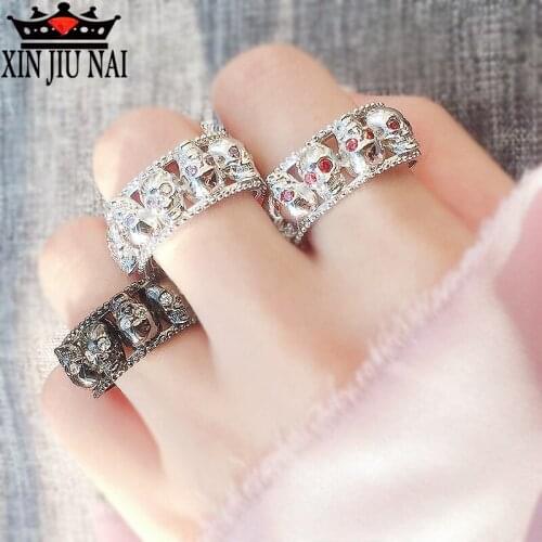 Classic 3 color punk retro skeleton shape style luxury princess 18K black gold amethyst skull female diamond ring party gift