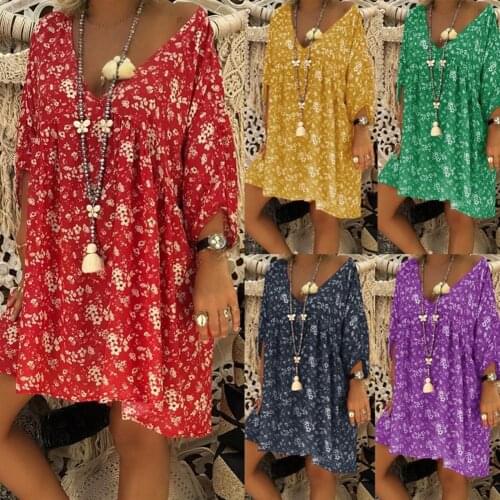 HOT SALES!!! Plus Size Casual Flower Print V Neck Nine Points Sleeve Loose Women Mini Dress beach dress flower print loose fit