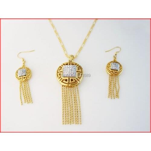 MIN ORDER 10$/NEW GREAT - YELLOW GOLD GP OVERLAY FILLED BRASS 24" NECKLACE EARRING SET/GREAT GIFT