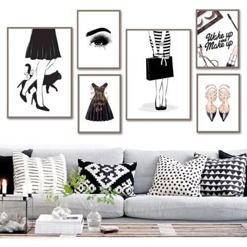 Fashion Skirt Cat High Heels Lipstick Bag Wall Art Canvas Painting Nordic Posters And Prints Wall Pictures For Living Room Decor