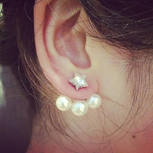 Fashion Simulated Pearl Star Earrings Hiphop Korea Two Side CZ Jewelry Double Side Star Stud Earring Gold Color For Women