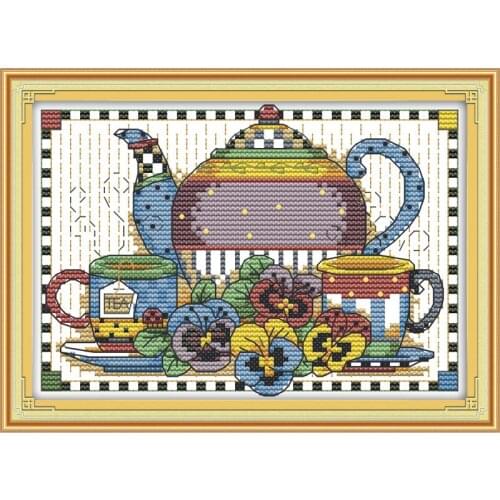 Joy Sunday This Tea Set Counted Cross Stitch Kits11&14CTDIY Cross Stitch Sets Embroidery Needlework for Home Decor Handmade Gift