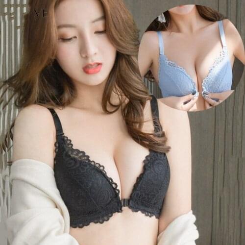 2PCS Underwear Female Small Chest Gathered Sexy Front Buckle Adjust Type Non-Wireless Bra Lace Seamless Large Size 90B Lingerie