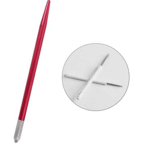 Permanent Makeup Tattoo Manual Pen Metal Handle Eyebrow Lip Eyeliner Microblading Tattoo Pen with 2pcs Round Needles Tattoo Tool