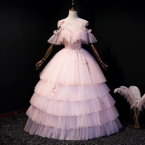 Pink cake ruffled embroidery lace ball gown medieval dress Renaissance gown queen Victorian Gothic/Marie Antoinette/ Belle Ball