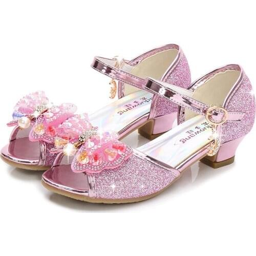 Fashion Childrens High Heels Princess Sandals Bow-knot Rhinestone Pearl Sequined Medium Big Girls Kid Shoes For Wedding Party