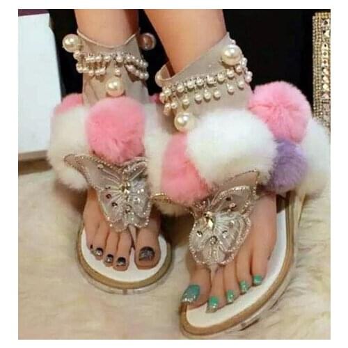 Women Flat Pom Pom Decor Flat Sandal Crystal Butterfly-knot Summer Shoe Cutouts Sandal Mixed Color Fur Gladiator Sandal