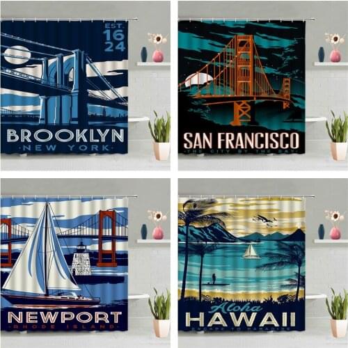 Bridge Ship Shower Curtain World Architecture Ocean Scenic Wall Hanging Curtains Oil Painting Bathroom Waterproof Screen Decor