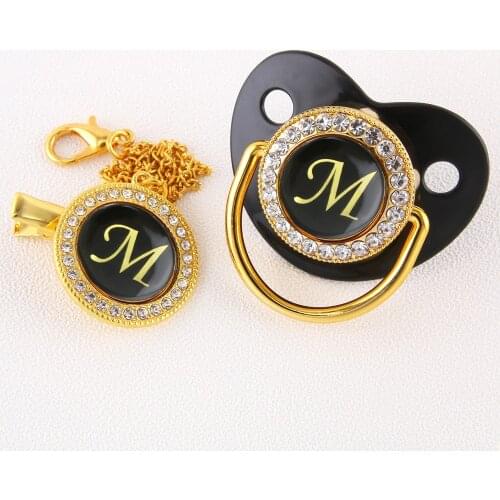 Luxury Black Bling Baby Pacifier And Clip Alphabet Letter M Infant Pacifier Gold Letter Unique 26 Name Initials Baby Shower Gift