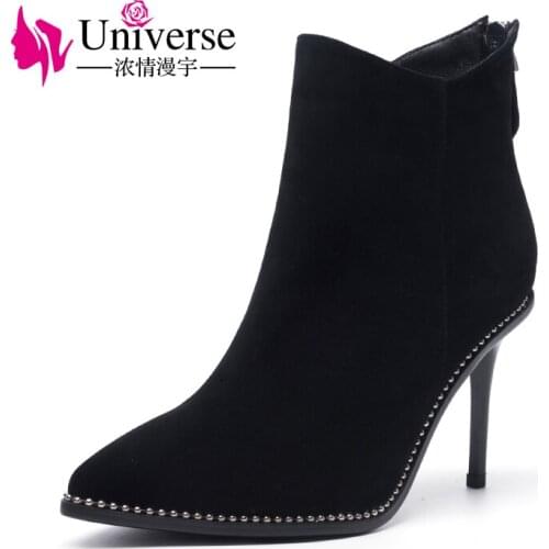 Universe silm super high heel black sude leather ankle boots for women shoes ladies fashion winter boots G394